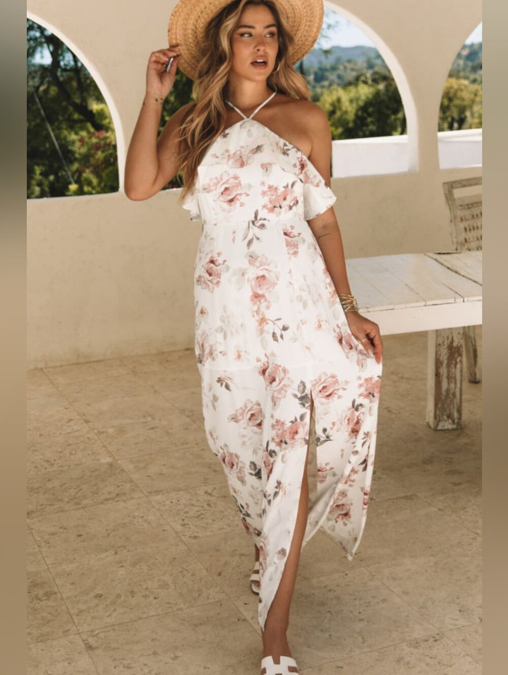 LAST ONE!  White Floral Maxi Dress With A Side Split